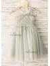 Gray Pleated Tulle Flower Girl Dress With Beaded Belt